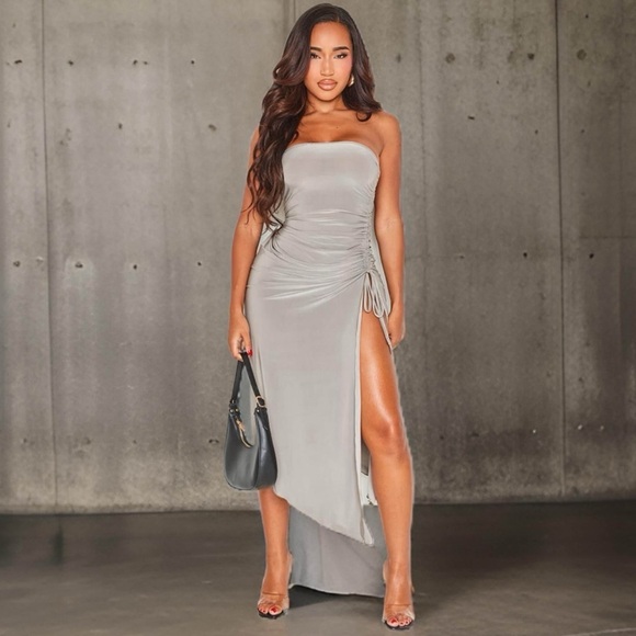 PrettyLittleThing Dresses & Skirts - PRETTYLITTLETHING • Shape Mocha Slinky Bandeau Ruched Side Frill Midaxi Dress